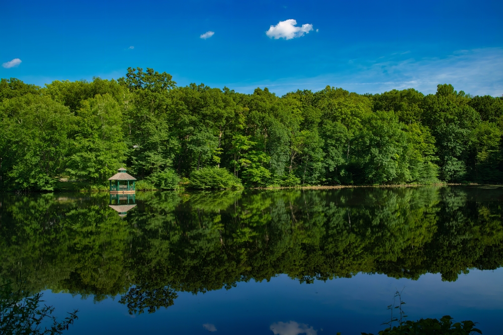 A gazebo by the lake and forest in the Twin Lake Estates in East Stroudsburg, Pennsylvania