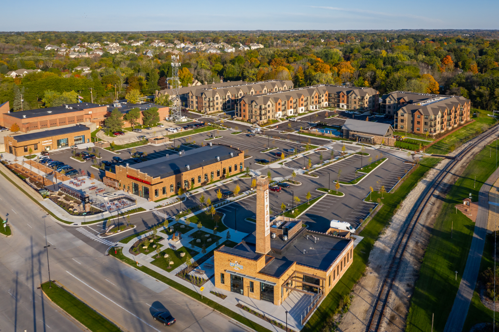 Aerial view of Spur 16 commercial and residential in Mequon, Wisconsin