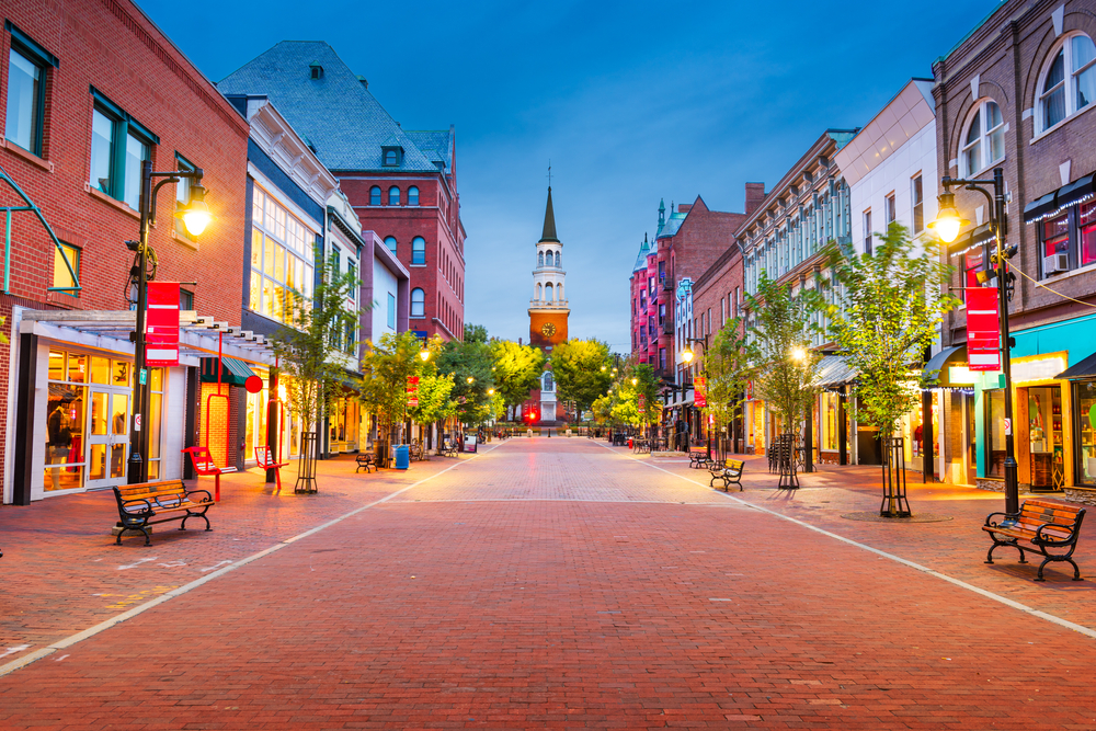 Burlington, Vermont, USA at Church Street Marketplace at twilight