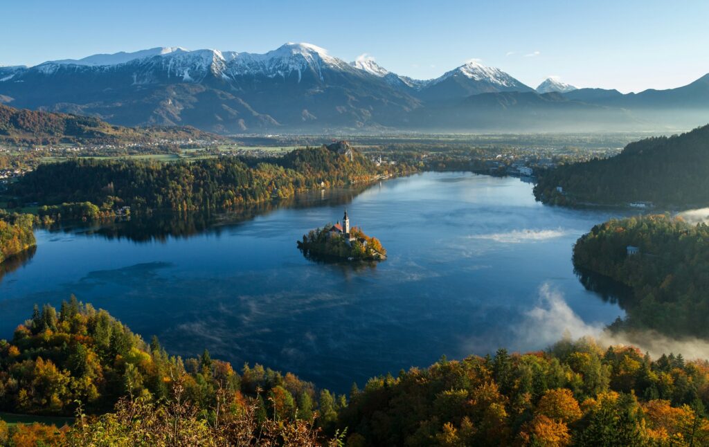 Church on a lake in the mountains, Bled, Slovenia