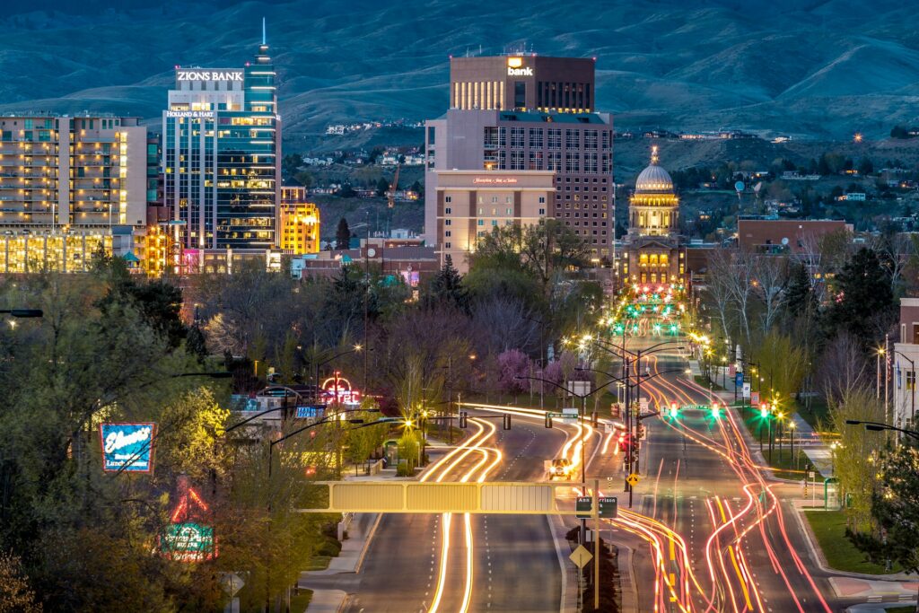 Colorful urban traffic at night in Boise, Idaho