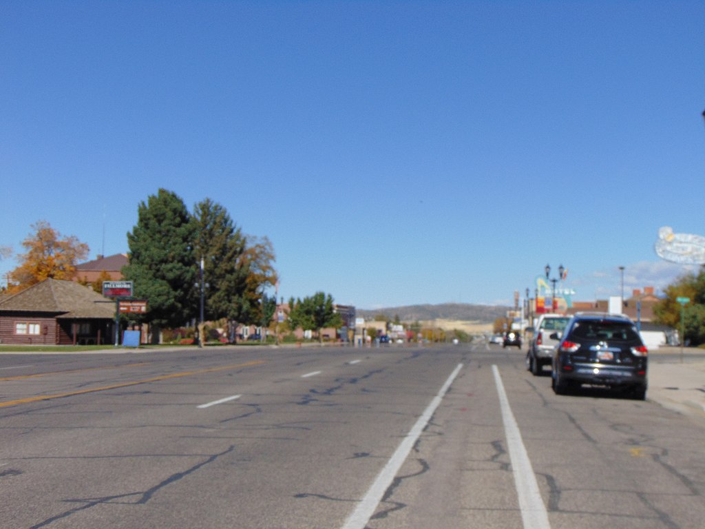 Looking north along Main Street (Utah State Route 99) in downtown Fillmore, Utah, with Cedar Mountain in the distance