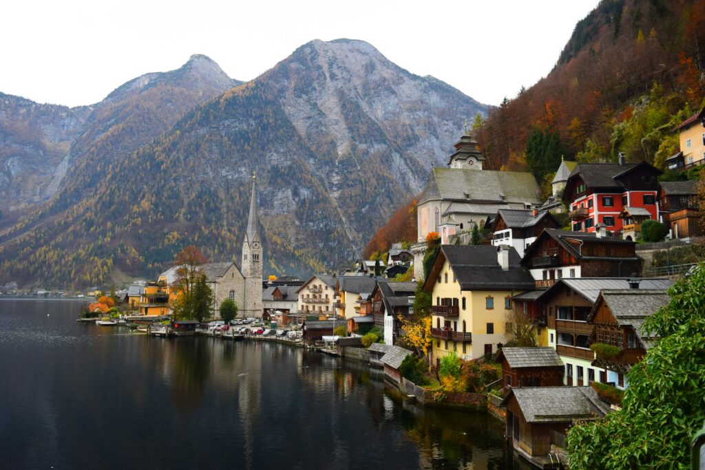 Overlooking the town of Hallstatt in Austria in autumn