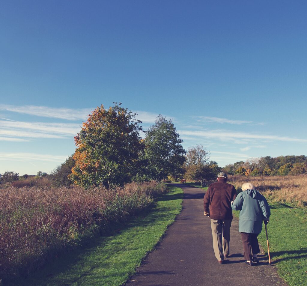 Senior couple walking in nature while holding hands