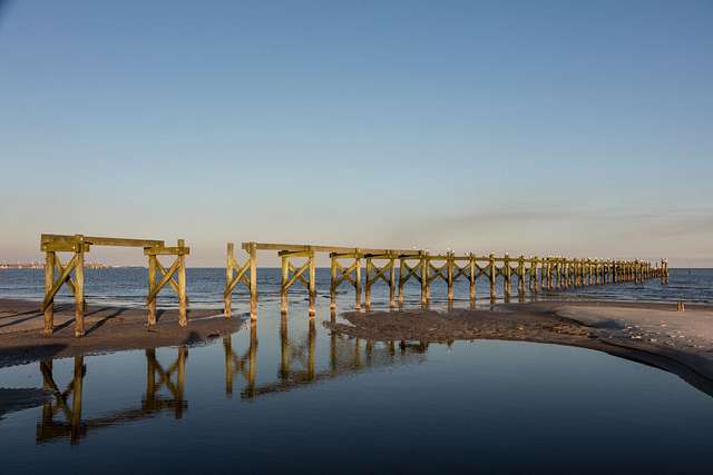 Support pilings for a pier into the Gulf of Mexico off Waveland, Mississippi