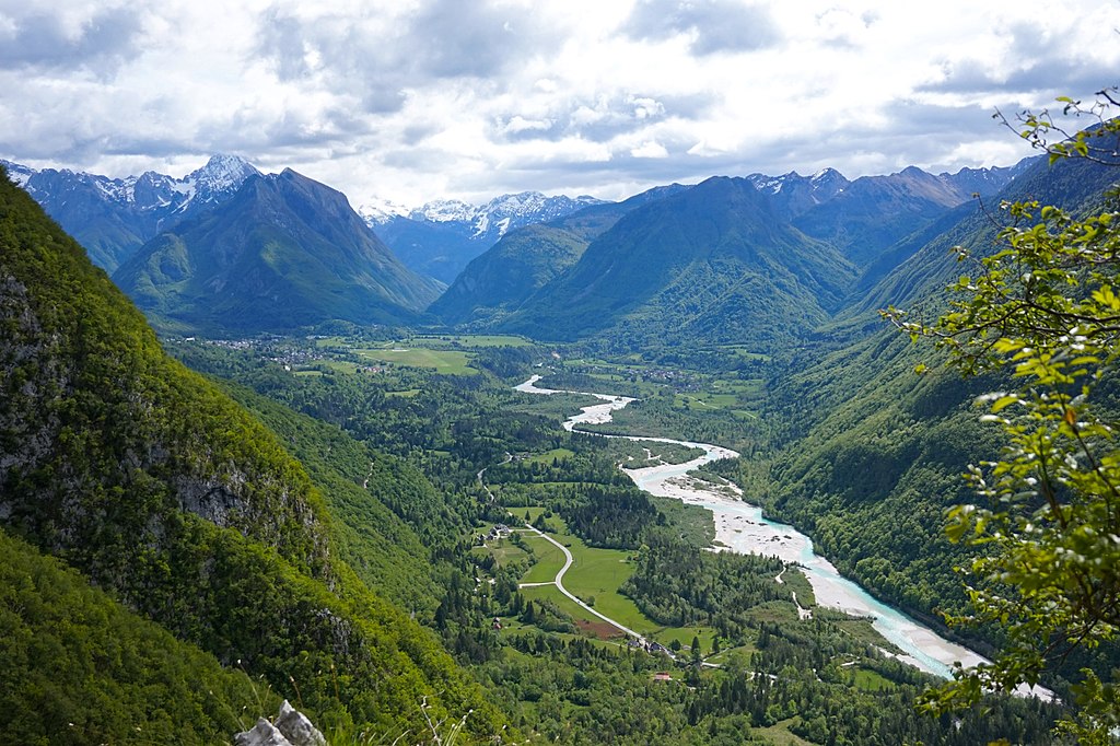 View from Boka waterfall to the river Soča in Bovec, Slovenia