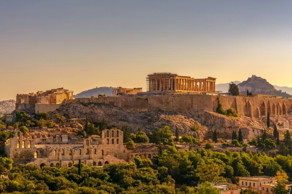 View of Acropolis of Athens with Parthenon and Erechtheion from Filopappou hill