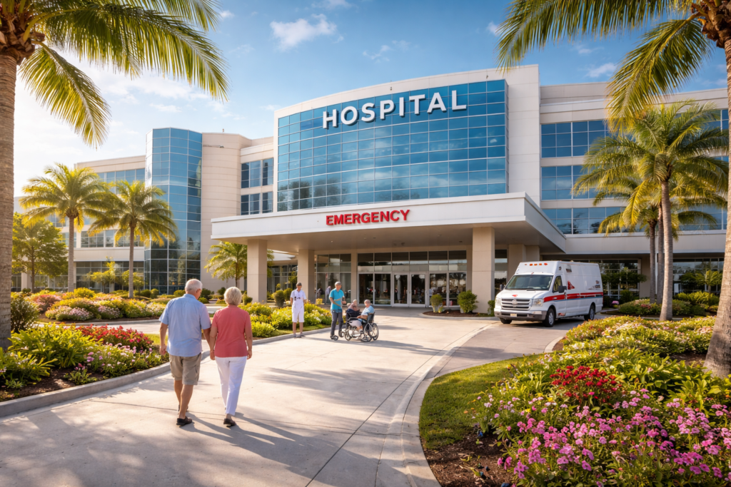 Modern hospital with vibrant surroundings