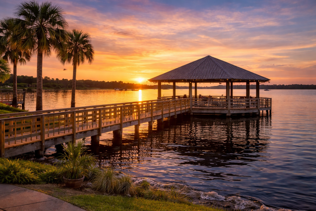 Sunset at Sebring lakefront gazebo