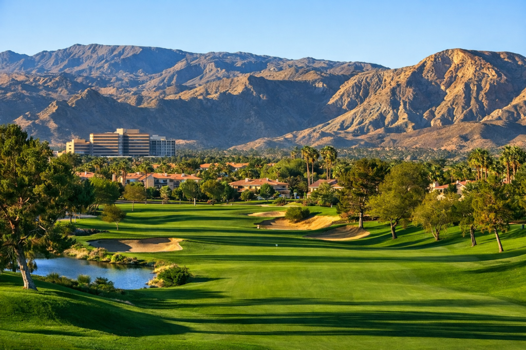 Golf course with mountains in Rancho Mirage, California golf-course-mountains-rancho-mirage-california