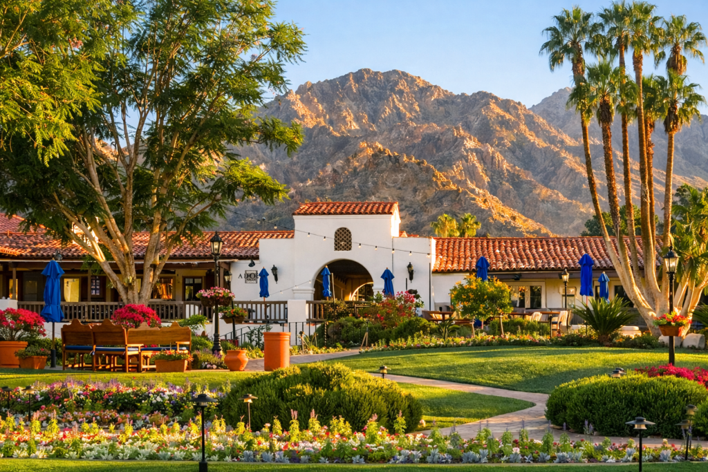 Spanish-style courtyard at sunset in Palm Springs, California spanish-style-courtyard-sunset-palm-springs-california