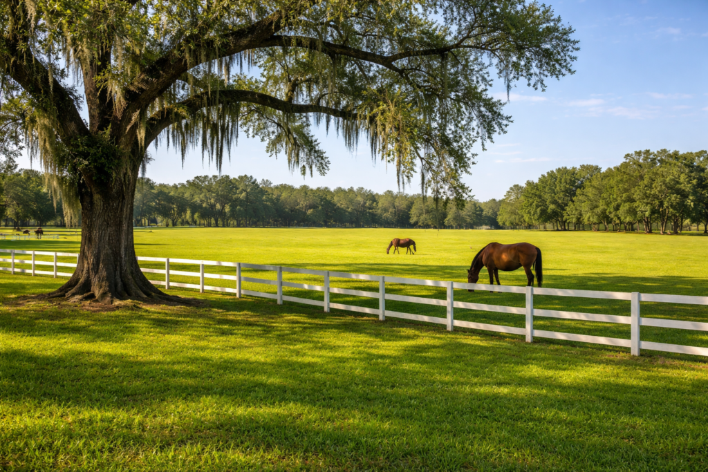 Sunlit horse farm in Ocala