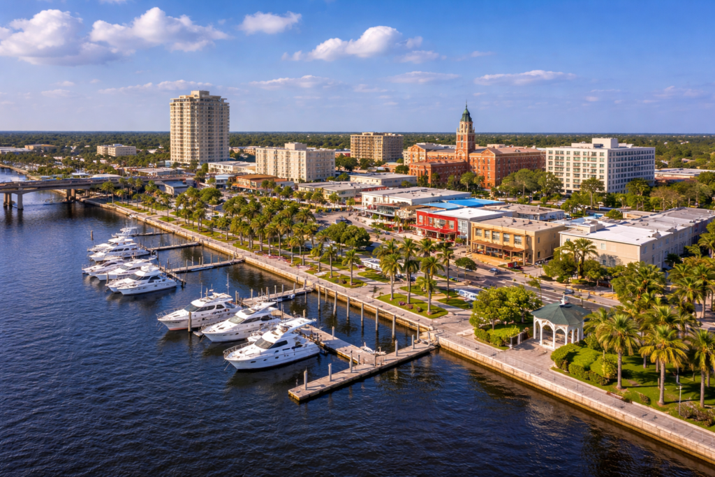 Downtown Bradenton and Manatee River at sunset