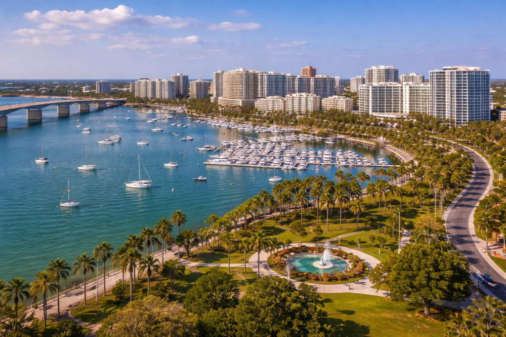 Sarasota bay at sunset aerial view